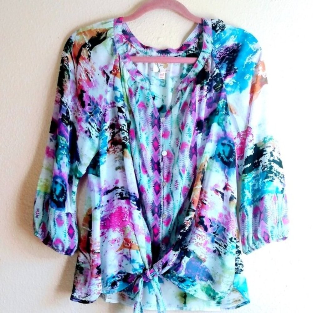 Fig & Flower Tie Front Sheer Blouse Petite XLarge